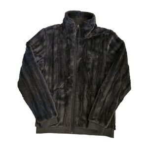 The North Face Faux Fur Bomber Jacket Women's Small Vertical Stripe Dark Grey
